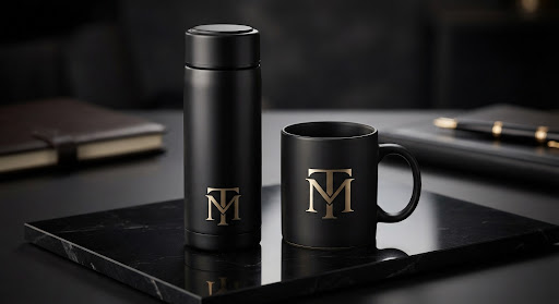 Double wall insulated stainless steel matte black thermos flask and ceramic mug