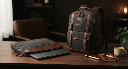 Waterproof canvas and leather trimmed laptop sleeve and luxury tech backpack