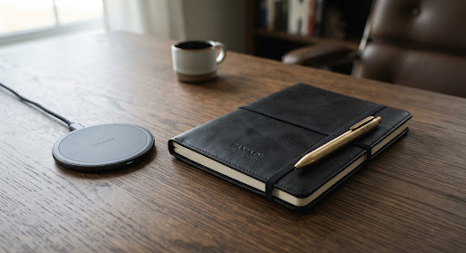 Debossed planner notebook, heavyweight brass pen and aluminium charger