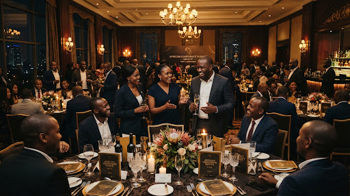 Corporate summit banquet in a Nairobi ballroom with ambient gold lighting, delegates networking and branded VIP settings