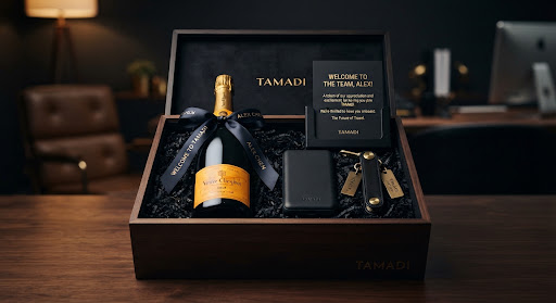 Luxury onboarding gift crate with personalised ribbon and powerbank