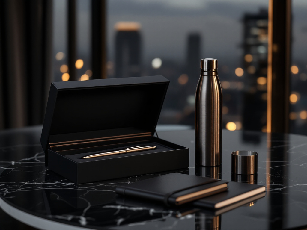Matte black and gold debossed executive gift box suite on dark marble, produced by Tamadi in Nairobi