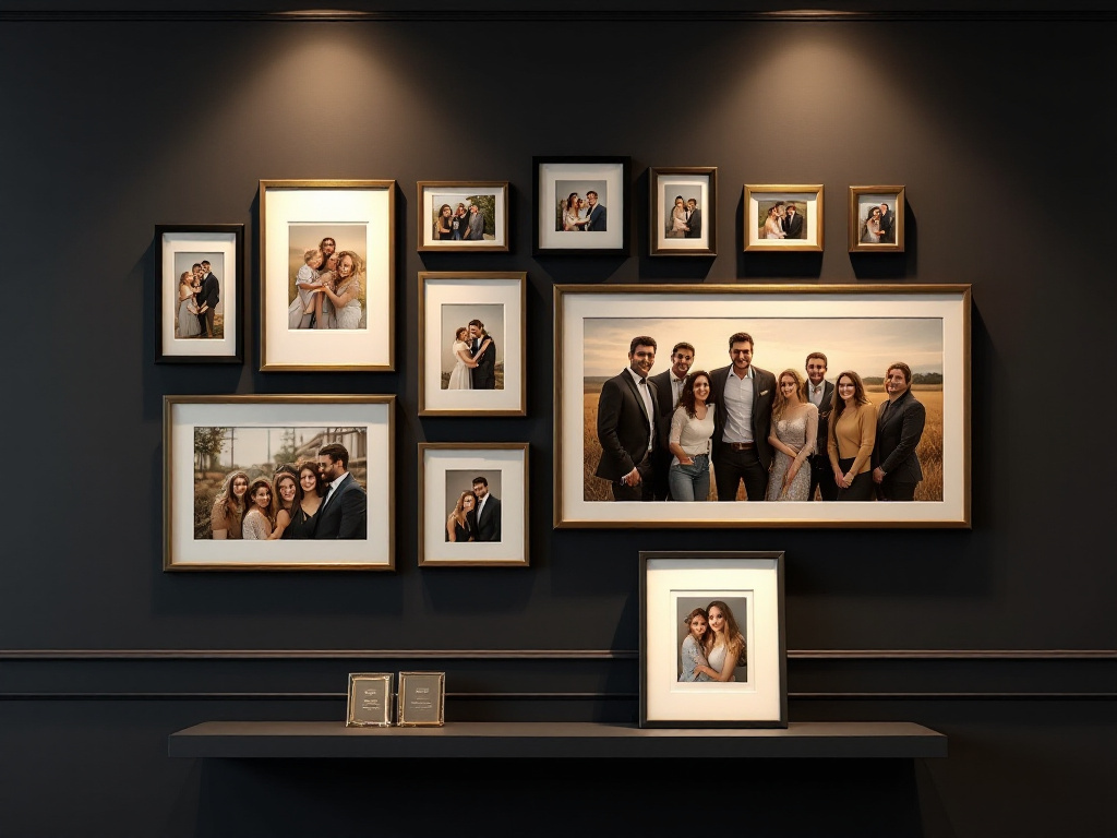Mounted photographs in sizes from A5 to A0 with brass award plaques on a dark gallery wall in Nairobi